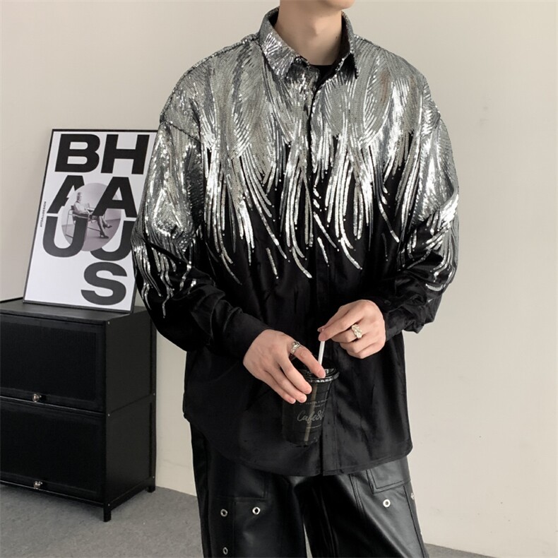 春秋小众设计感夜店网红珠片丝绒衬衣男长袖衬衫宽松晚会演唱会，男装衬衫，星座909
