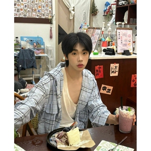 美式复古连帽格子衬衫男少年感穿搭长袖格纹衬衣外套CS950EE特P40图片
