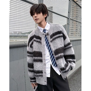 美式复古仿貂毛撞色针织开衫外套男款秋冬穿搭慵懒风保暖宽松毛衣图片