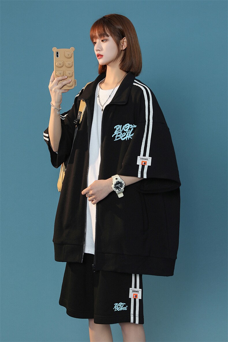 中性夏季潮流华夫格宽松运动风开衫T恤情侣套装TZ656P85控108,男装休闲套装,A247A