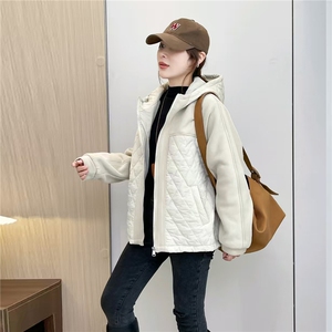 2025冬装新款修身保暖时尚菱形格个性拼接女士棉服外套图片