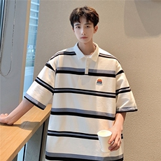 美式条纹短袖polo衫男女大码M-5XL港风翻领短袖T恤DP77010P50控78，男装Polo衫，星座227-7