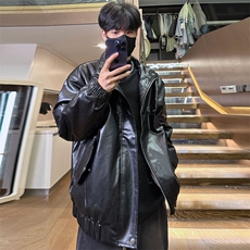 美式复古机车皮夹克秋冬季新款加绒pu皮宽松外套A436-W110-P95，男装夹克，电商A436