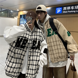 EQ85 毛巾绣棒球服情侣外套男格子编织夹克2024新款春装港风 P113图片
