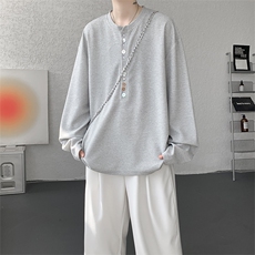8XL-M慵懒肌理感华夫格廓形云母贝纽扣长袖T恤打底长袖CX3006P48，男装T恤，电商D206-1