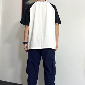 抖音得物高品质二开240克宽松纯棉美式潮牌插肩袖拼接短袖T恤图片