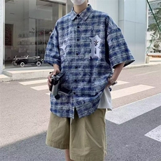 潮牌美式高街字母复古格子衬衫春夏款设计感小众蓝色上衣外套，男装衬衫，星座601-1