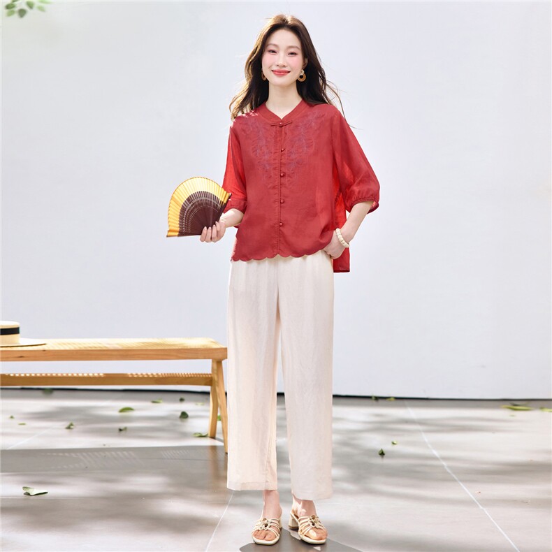 长期现货2026夏季新款天丝苎麻刺绣衬衫T恤中年阔腿裤两件套装女,女装套装/套裙,璐依舞
