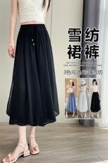 裙裤女夏季新款黑色九分小个子裤子宽松垂感薄款雪纺阔腿裤，女装休闲裤，云美莎专业女裤-全店现货