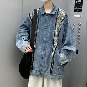 1506/QY80910/P45春季新款潮牌高街民族风色织拼接设计牛仔夹克图片