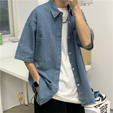 牛仔衬衫男夏季短袖宽松衬衣潮流港风复古休闲痞帅外套CS050-P40，男装T恤，星座1008-2