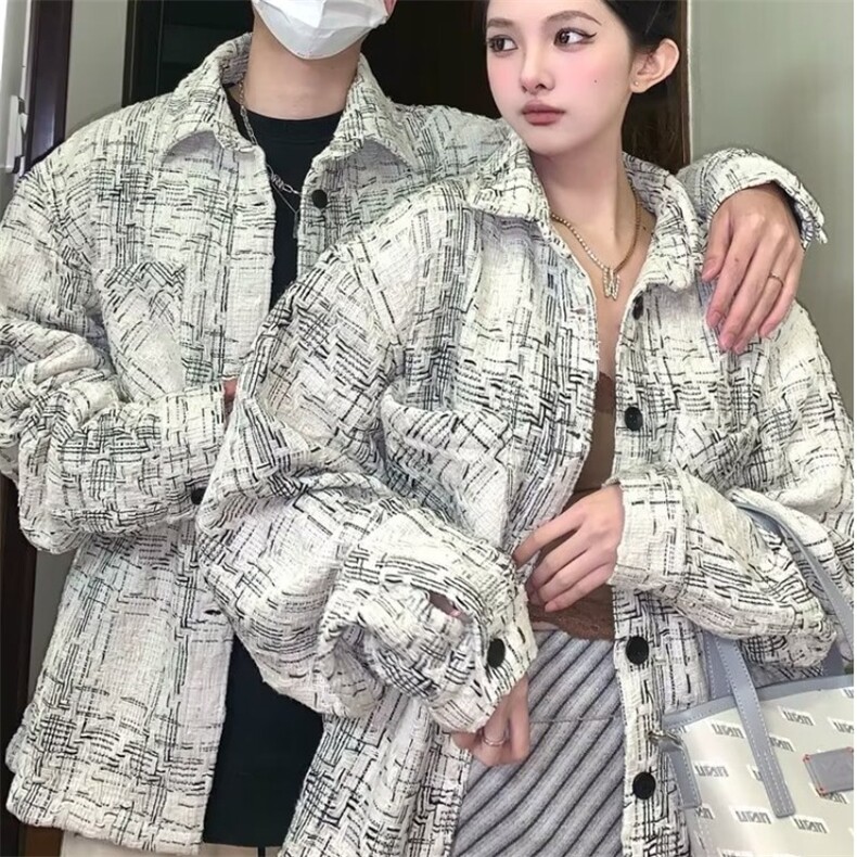 复古小香风衬衣宽松格子外套男女同款格纹长袖春季衬衫情侣潮图片