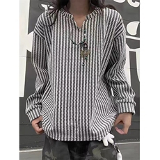 美式高街千鸟格子长袖T恤男女亨利V领英伦雅痞休闲宽松长袖打底衫，男装T恤，电商A443