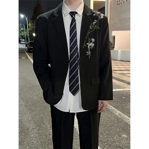 春秋高级感轻奢立体绣花重工亮片休闲西服外套套装男痞帅演出西装图片
