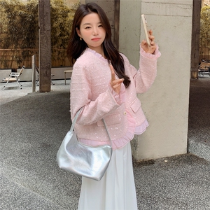 独特精致粉色短款小香风外套女春秋超火好看漂亮高级千金夹克上衣图片