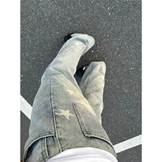 美式水洗复古直筒牛仔裤男女宽松做旧漏洞宽松休闲长裤潮牌bf，男装牛仔裤，星座506A