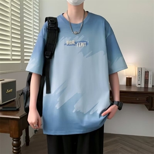 重磅渐变色男士短袖t恤2025新款夏季潮流潮牌宽松半袖体恤上衣服图片