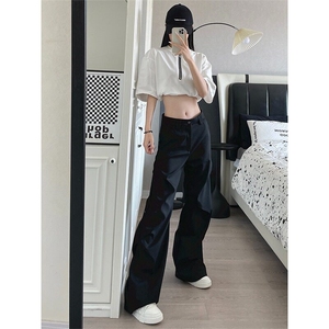 新款褶皱设计感黑色休闲西裤男垂感阔腿裤微喇cleanfit裤子图片