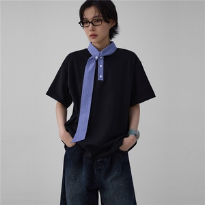 蓝色格子领带航海系短袖男设计感小众夏季正肩t恤假两件polo衫图片