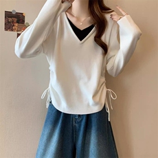 QC031-P58设计感假两件V领褶皱抽绳长袖打底针织衫毛衣上衣女，女装卫衣/绒衫，星座617A-2