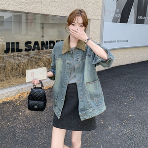 拼接翻领水洗翻领牛仔外套女2025春秋季新款韩版复古港风夹克上衣图片