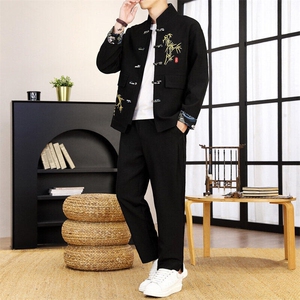 新中式立领夹克男秋冬加棉加厚唐装汉服套装国风棉服九分裤两件套图片