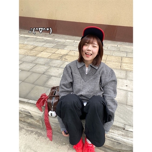 重磅北极绒假两件衬衫领毛衣美式高街复古休闲慵懒纯色翻领针织衫图片