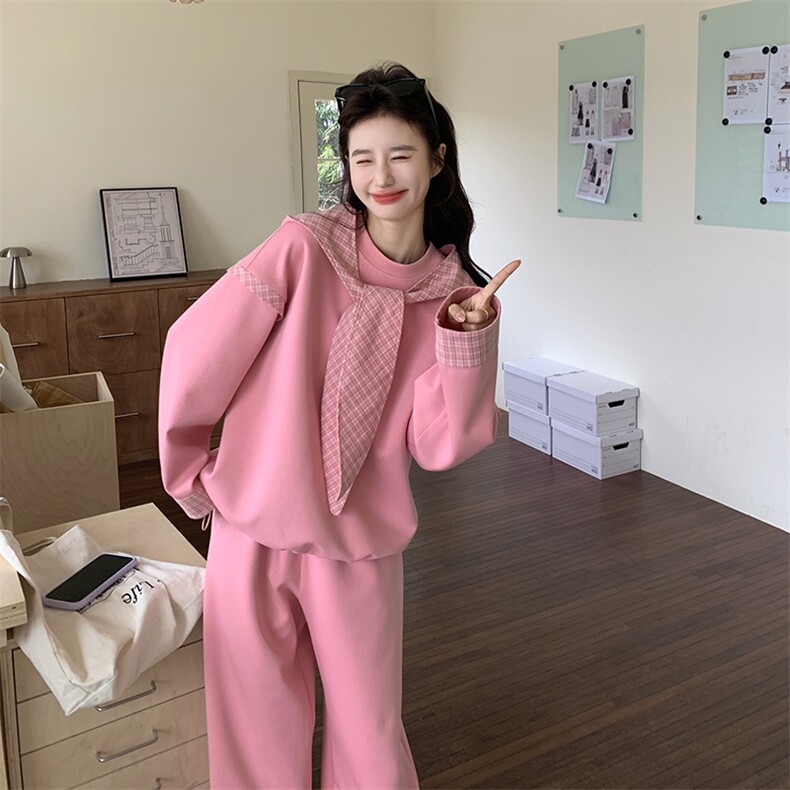 新款大货2026时尚粉色格子拼接卫衣套装女/M2606P190K308,女装套装/套裙,2C268
