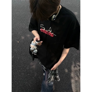 抖音得物供货210克现货宽松纯棉美式潮牌印花落肩袖纯棉T恤AT2167图片