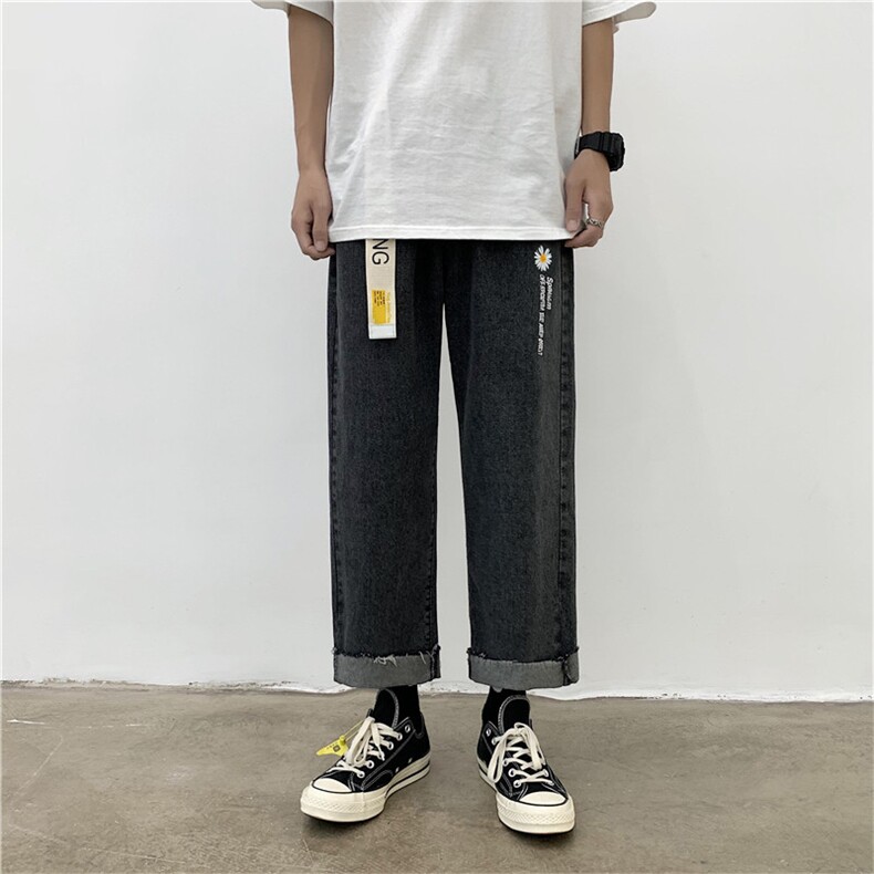 送腰带夏季新款港风坠感裤宽松浅色毛边牛仔裤九分裤,男装牛仔裤,星座1008
