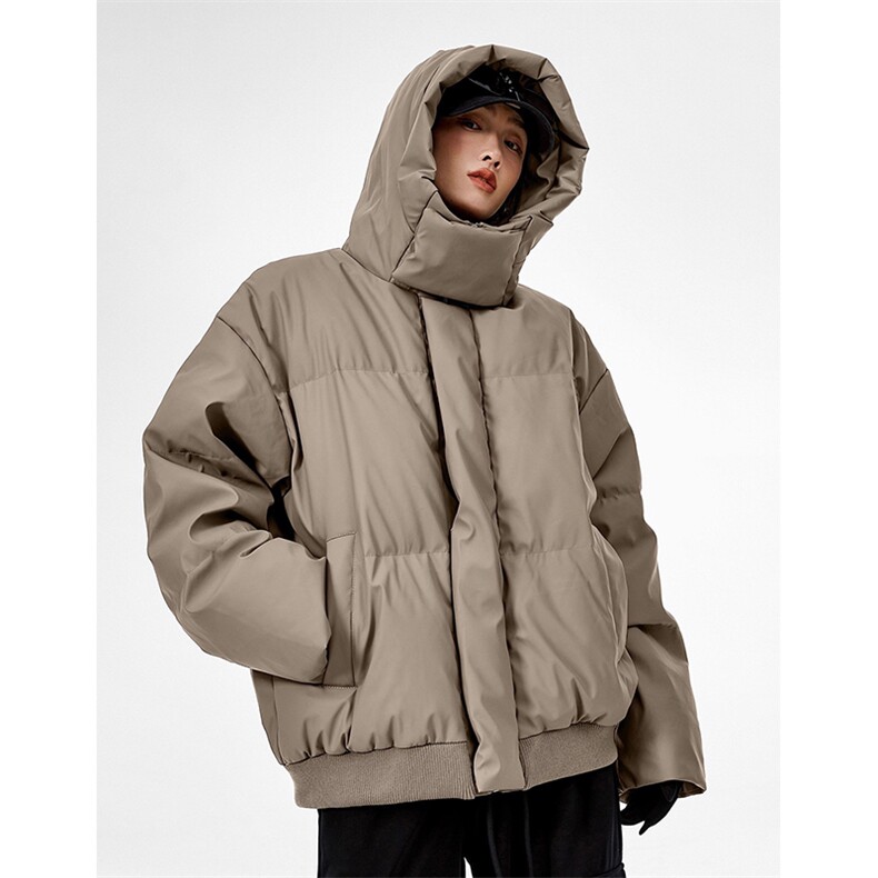 现货5W件冬季三防重磅boxy短款羽绒连帽PU皮棉衣外套防风加厚棉服，男装棉衣，电商A486