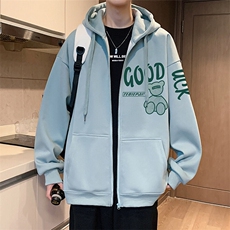 H190P70加绒75港风含棉66%小熊拉链开衫卫衣宽松休闲连帽外套，男装卫衣，星座304A-1