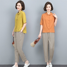 夏季套装2024新款女士休闲棉麻上衣小脚裤宽松薄款透气时尚两件套，女装套装/套裙，璐依舞