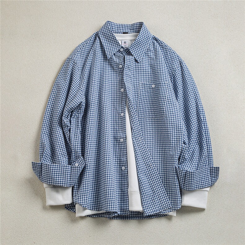 B413-1-DX6180美式复古长袖格子衬衫外套港风宽松百搭情侣衬衣服，男装衬衫，电商B413-1