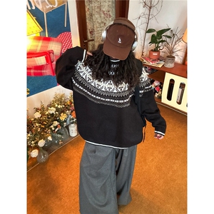 毛衣男女秋冬新款慵懒风高级感民族风提花圆领套头宽松休闲针织衫图片