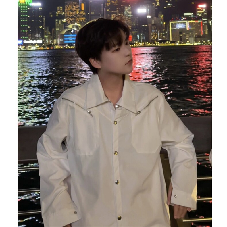 <自拍图>小众设计感金属扣拉链装饰长袖衬衫男潮牌CS658-P48图片