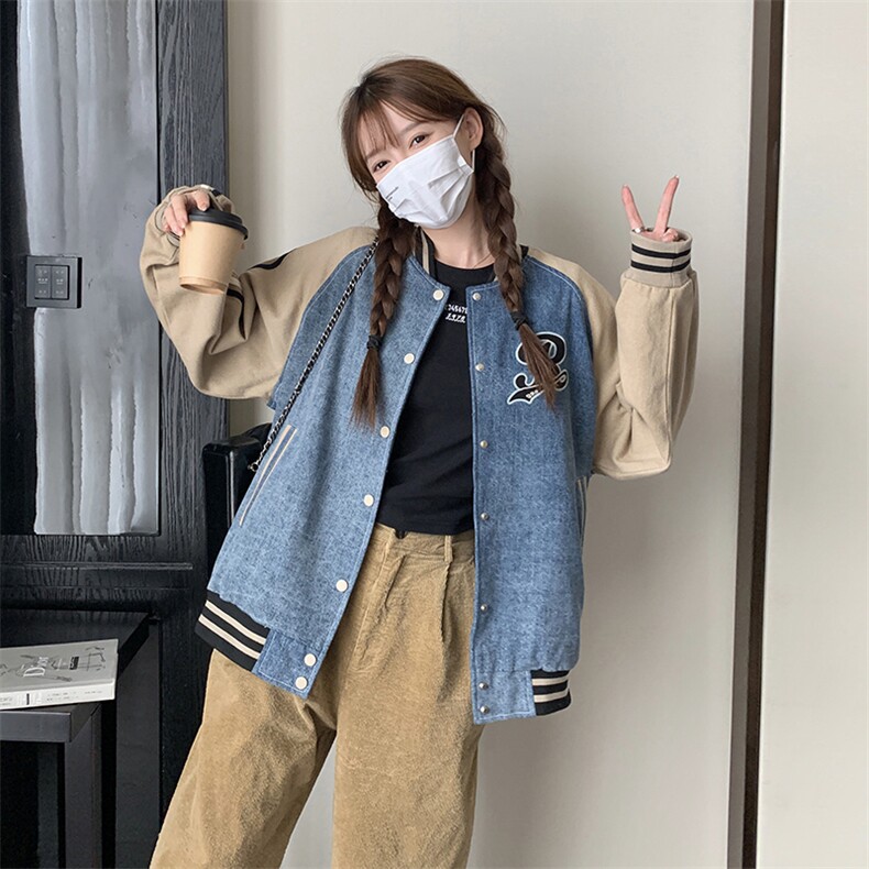 独特超好看牛仔拼接棒球服外套女春秋2025新款今年流行爆款巨好看,女装短外套,一九零