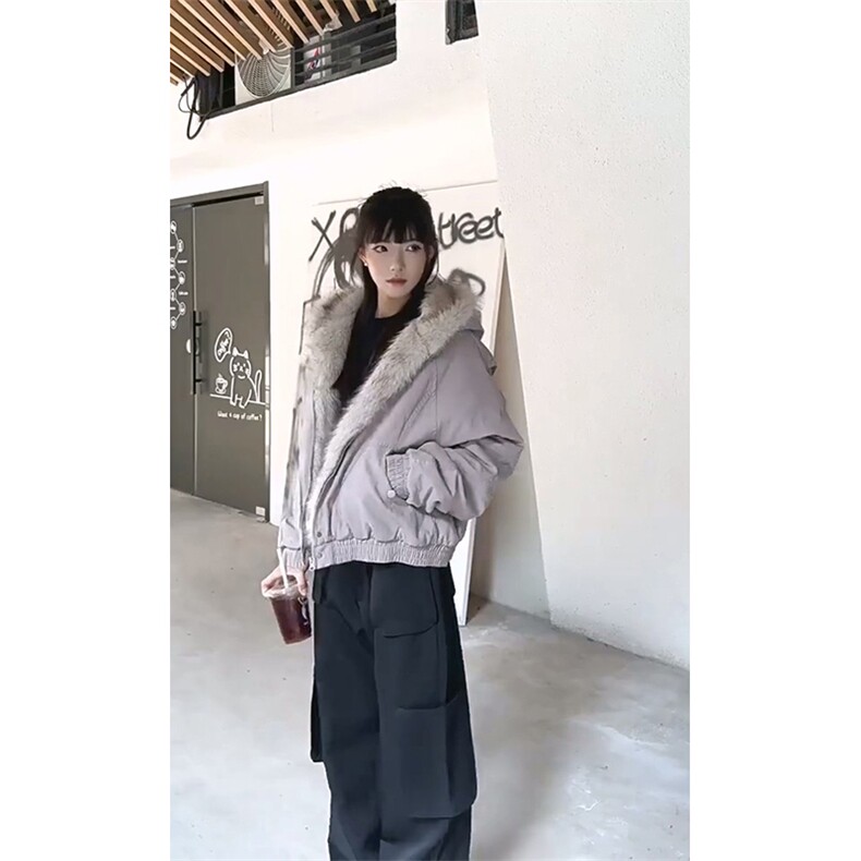 现货高品质美式高街冬季重磅硬挺短款座山雕毛领棉衣男女加厚外套图片