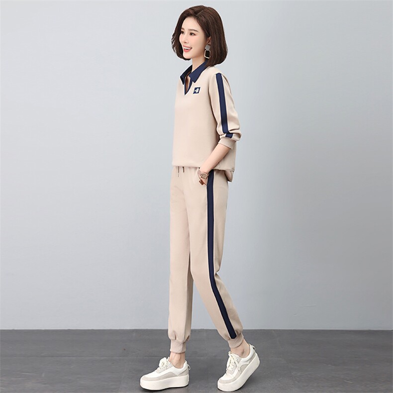 时尚休闲翻领绣花撞色套装显瘦百搭长袖运动服两件套,女装套装/套裙,依恋蒂丝