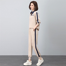 时尚休闲翻领绣花撞色套装显瘦百搭长袖运动服两件套，女装套装/套裙，依恋蒂丝