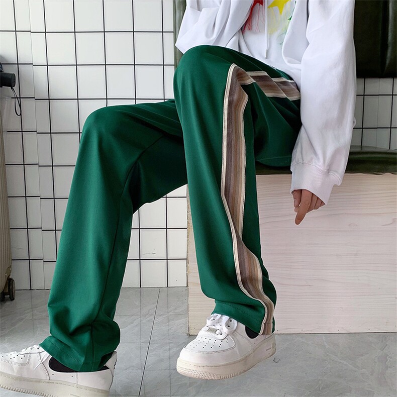 潮牌ins秋冬男女同款卫裤毛圈拼接直筒运动裤K181P32,白衬衣和黑色长裙穿搭图片图片