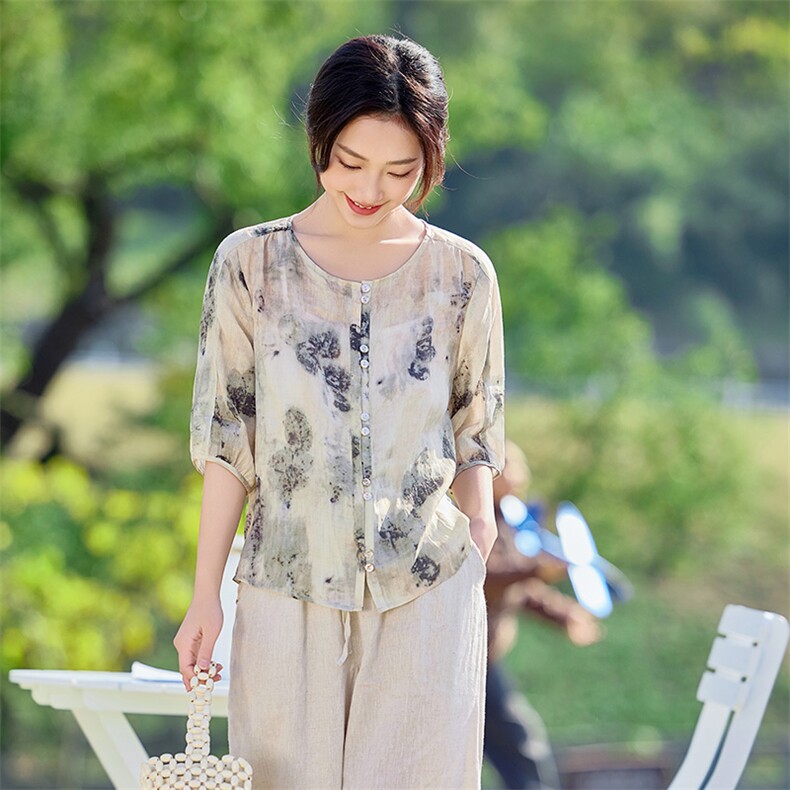 2026年夏季文艺风短袖宽松亲肤透气薄苎麻文艺/优雅,女装衬衫,江南依恋