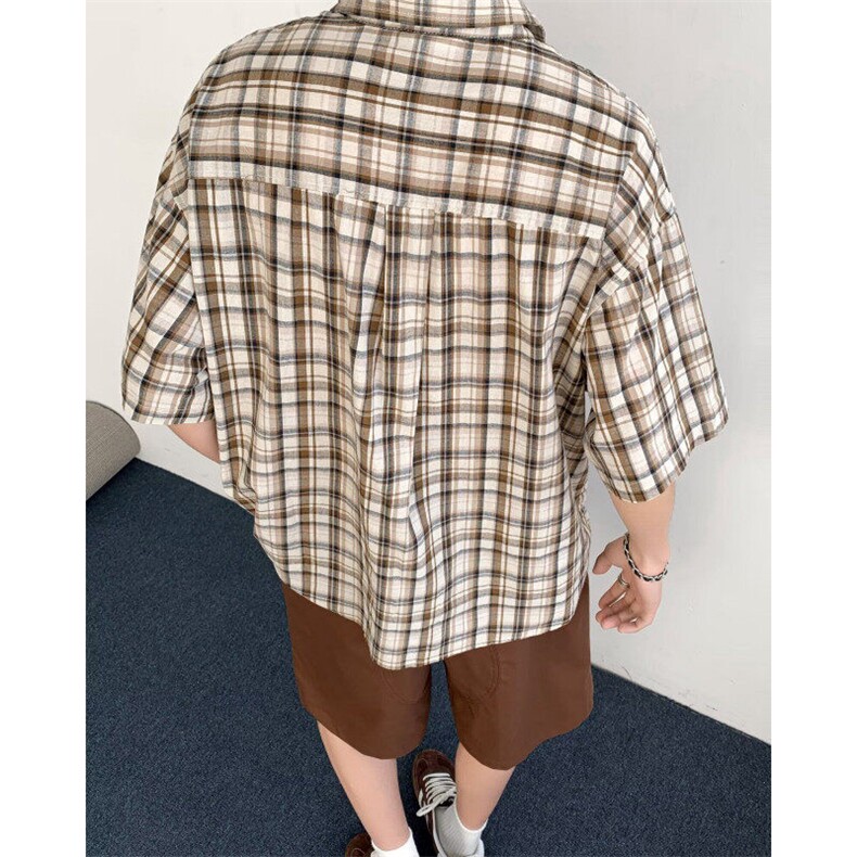 格纹短袖衬衫男夏季慵懒风情侣宽松百搭格子半袖衬衣HK61P35,男装T恤,星座1013-1