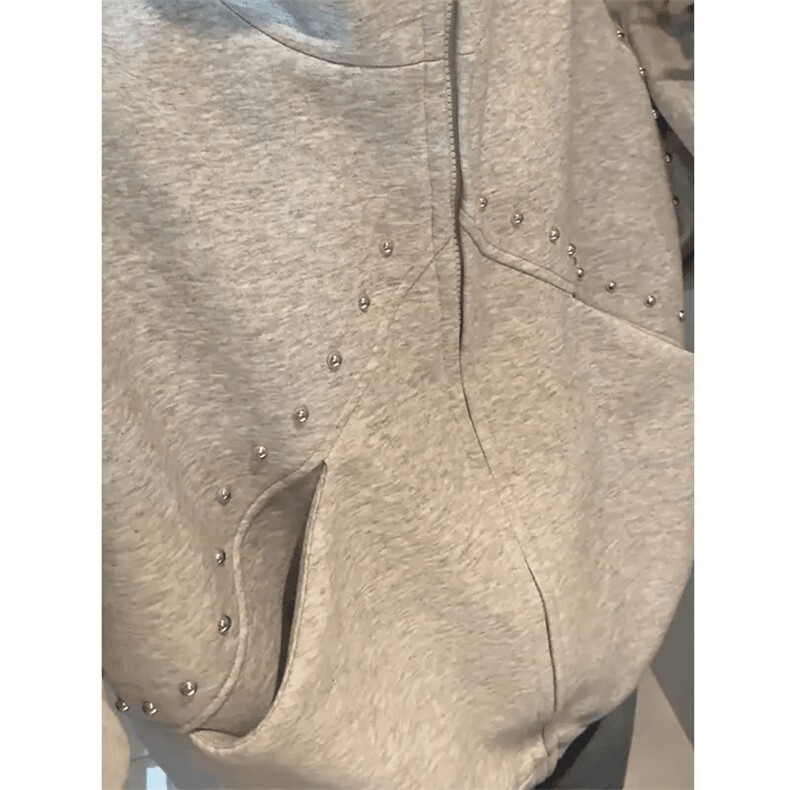 抖音得物高品质二开26春装美式高街铆钉拼接纯色开衫卫衣外套W122,女装短外套,电商A486-1