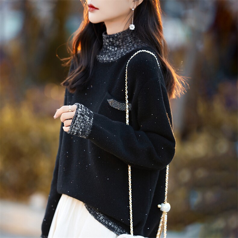 复古宽松慵懒衫女半高领加厚拼色亮丝毛衣带兜羊绒上衣，女装羊毛衫，暖烁羊绒