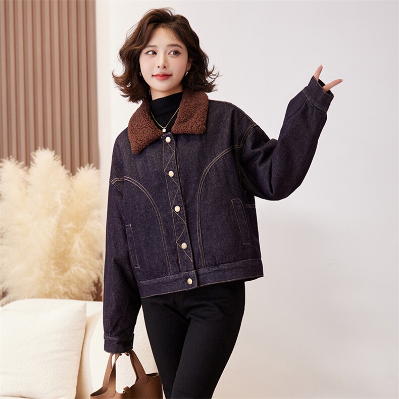 2024秋冬新款翻领潮流牛仔短外套女夹旅行出街夹棉保暖外套潮，女装牛仔外套，美拉德工厂直营店