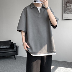 8XL-M假两件V领短袖t恤男夏翻领半袖宽松重磅华夫格大码DT001P40，男装T恤，电商B312