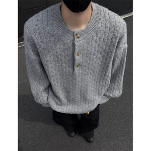 男装慵懒麻花条纹针织衫男修身长袖卫衣亨利领扭绳毛衣 M041图片