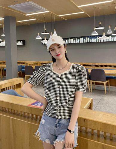 后系带花边领格子上衣，女装，斐伦缇娜