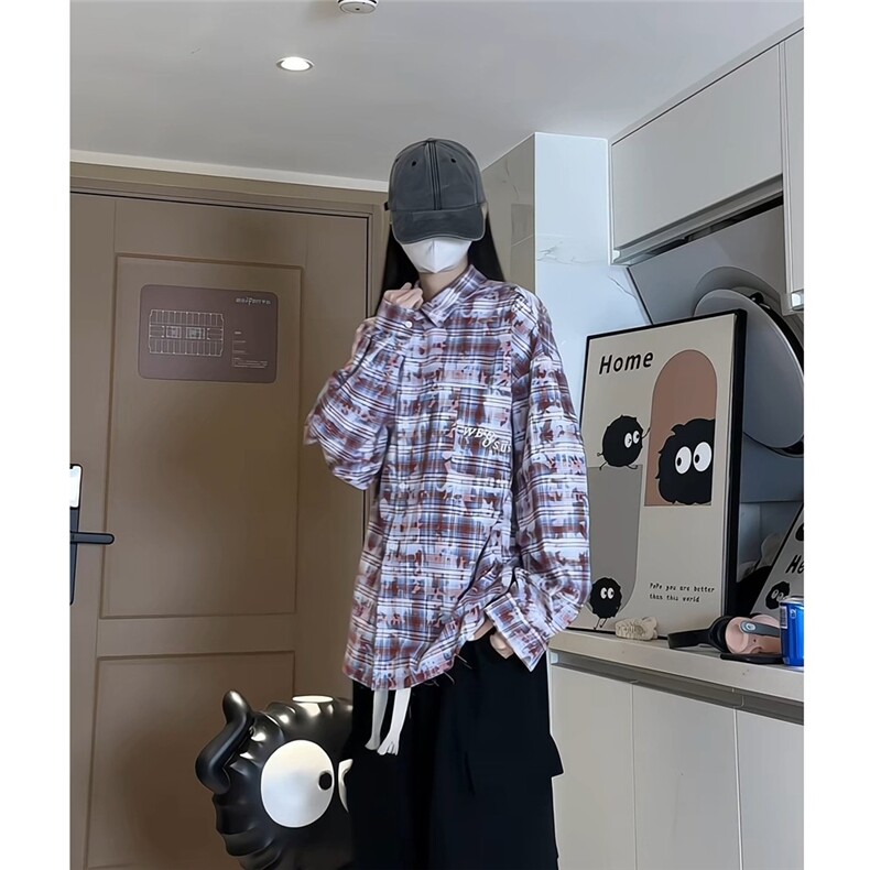 韩版晕染格子衬衫字母款潮流外搭上衣衬衫A061-AC00571-P80图片